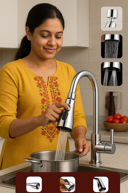Woman using 3 Modes Kitchen Sink Faucet with modern design for versatile water flow options.