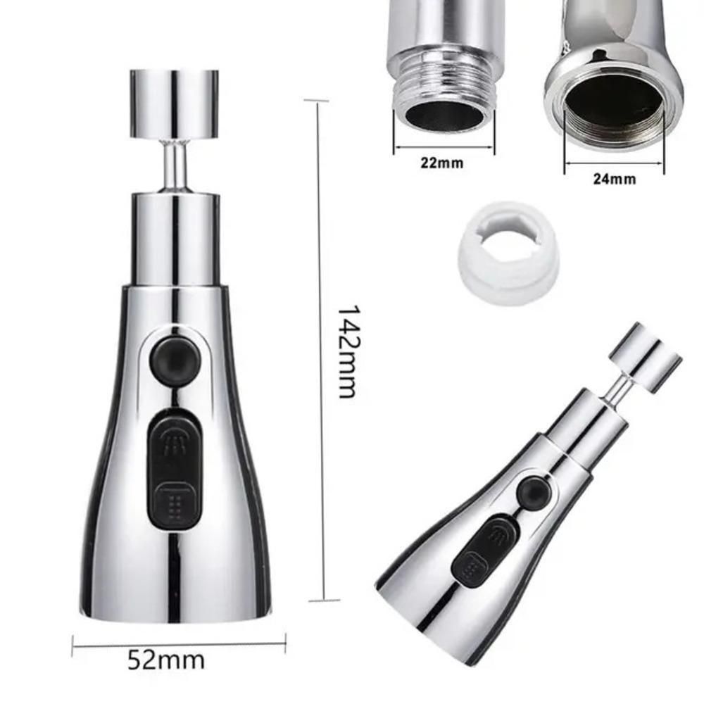 Premium chrome kitchen faucet nozzle with adjustable flow settings and detailed dimensions for easy installation.
