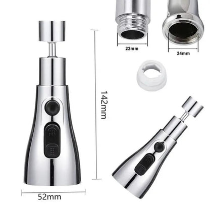 Premium chrome kitchen faucet nozzle with adjustable flow settings and detailed dimensions for easy installation.